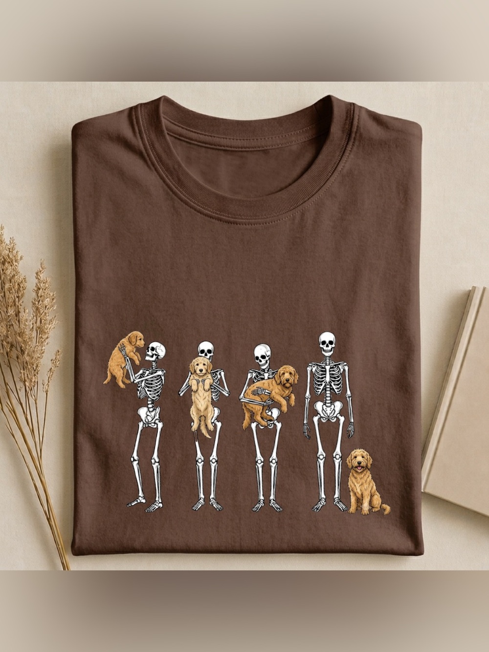 NEW Vintage Dark Brown Dog & Skeleton Graphic Tee Unisex - Gift For Halloween